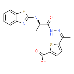 ChemSpider 2D Image | 5-{(1Z)-N-[(2R)-2-(1,3-Benzothiazol-2-ylamino)propanoyl]ethanehydrazonoyl}-2-thiophenecarboxylate | C17H15N4O3S2