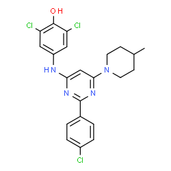 ChemSpider 2D Image | 2,6-Dichloro-4-{[2-(4-chlorophenyl)-6-(4-methyl-1-piperidinyl)-4-pyrimidinyl]amino}phenol | C22H21Cl3N4O