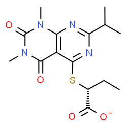 ChemSpider 2D Image | (2R)-2-[(2-Isopropyl-6,8-dimethyl-5,7-dioxo-5,6,7,8-tetrahydropyrimido[4,5-d]pyrimidin-4-yl)sulfanyl]butanoate | C15H19N4O4S