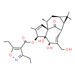 ChemSpider 2D Image | (1R,4S,5S,6R,9S,10R,12R,14R)-5,6-Dihydroxy-7-(hydroxymethyl)-3,11,11,14-tetramethyl-15-oxotetracyclo[7.5.1.0~1,5~.0~10,12~]pentadeca-2,7-dien-4-yl 3,5-diethyl-1,2-oxazole-4-carboxylate | C28H37NO7