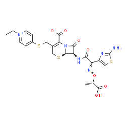 ChemSpider 2D Image | (6R,7R)-7-{[(2E)-2-(2-Amino-1,3-thiazol-4-yl)-2-{[(1S)-1-carboxyethoxy]imino}acetyl]amino}-3-{[(1-ethyl-4-pyridiniumyl)sulfanyl]methyl}-8-oxo-5-thia-1-azabicyclo[4.2.0]oct-2-ene-2-carboxylate | C23H24N6O7S3