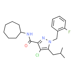 ChemSpider 2D Image | 4-Chloro-N-cycloheptyl-1-(2-fluorobenzyl)-5-isobutyl-1H-pyrazole-3-carboxamide | C22H29ClFN3O