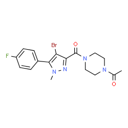 ChemSpider 2D Image | 1-(4-{[4-Bromo-5-(4-fluorophenyl)-1-methyl-1H-pyrazol-3-yl]carbonyl}-1-piperazinyl)ethanone | C17H18BrFN4O2