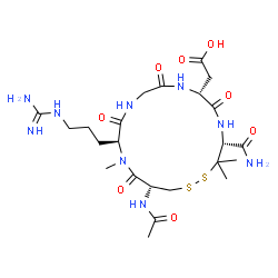 ChemSpider 2D Image | [(4R,7R,13S,16R)-16-Acetamido-13-(3-carbamimidamidopropyl)-4-carbamoyl-3,3,14-trimethyl-6,9,12,15-tetraoxo-1,2-dithia-5,8,11,14-tetraazacycloheptadecan-7-yl]acetic acid | C23H39N9O8S2