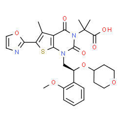 ChemSpider 2D Image | 2-{1-[(2S)-2-(2-Methoxyphenyl)-2-(tetrahydro-2H-pyran-4-yloxy)ethyl]-5-methyl-6-(1,3-oxazol-2-yl)-2,4-dioxo-1,4-dihydrothieno[2,3-d]pyrimidin-3(2H)-yl}-2-methylpropanoic acid | C28H31N3O8S