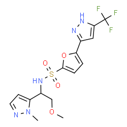 ChemSpider 2D Image | N-[2-Methoxy-1-(1-methyl-1H-pyrazol-5-yl)ethyl]-5-[5-(trifluoromethyl)-1H-pyrazol-3-yl]-2-furansulfonamide | C15H16F3N5O4S