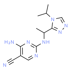 ChemSpider 2D Image | 4-Amino-2-{[1-(4-isopropyl-4H-1,2,4-triazol-3-yl)ethyl]amino}-5-pyrimidinecarbonitrile | C12H16N8