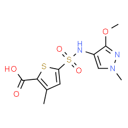 ChemSpider 2D Image | 5-[(3-Methoxy-1-methyl-1H-pyrazol-4-yl)sulfamoyl]-3-methyl-2-thiophenecarboxylic acid | C11H13N3O5S2