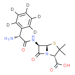 ChemSpider 2D Image | (2S,5R,6R)-6-{[(2R)-2-Amino-2-(~2~H_5_)phenylacetyl]amino}-3,3-dimethyl-7-oxo-4-thia-1-azabicyclo[3.2.0]heptane-2-carboxylic acid | C16H14D5N3O4S