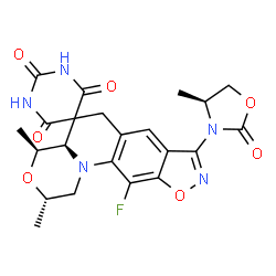 ChemSpider 2D Image | (2S,4S,4aR)-11-Fluoro-2,4-dimethyl-8-[(4S)-4-methyl-2-oxo-1,3-oxazolidin-3-yl]-1,2,4,4a-tetrahydro-2'H,6H-spiro[1,4-oxazino[4,3-a][1,2]oxazolo[4,5-g]quinoline-5,5'-pyrimidine]-2',4',6'(1'H,3'H)-trione | C22H22FN5O7