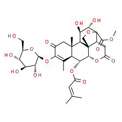 ChemSpider 2D Image | Methyl (6alpha,11beta,12alpha,13xi)-3-(beta-D-glucopyranosyloxy)-11,12-dihydroxy-6-[(3-methyl-2-butenoyl)oxy]-2,16-dioxo-13,20-epoxypicras-3-en-21-oate | C32H42O16
