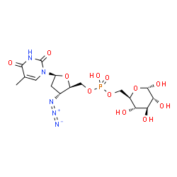 ChemSpider 2D Image | [(2R,3R,5S)-3-Azido-5-(5-methyl-2,4-dioxo-3,4-dihydro-1(2H)-pyrimidinyl)tetrahydro-2-furanyl]methyl [(2R,3S,4S,5R,6S)-3,4,5,6-tetrahydroxytetrahydro-2H-pyran-2-yl]methyl hydrogen phosphate (non-prefer
red name) | C16H24N5O12P