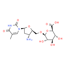 ChemSpider 2D Image | 2,4(1H,3H)-Pyrimidinedione, 1-(3-amino-2,3-dideoxy-5-O-beta-L-glucopyranuronosyl-beta-L-erythro-pentofuranosyl)-5-methyl- | C16H23N3O10
