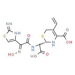 ChemSpider 2D Image | (2S)-2-(Carboxy{[(2E)-2-(hydroxyimino)-2-(2-imino-2,3-dihydro-1,3-thiazol-4-yl)acetyl]amino}methyl)-5-vinyl-3,6-dihydro-2H-1,3-thiazine-4-carboxylic acid | C14H15N5O6S2