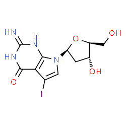 ChemSpider 2D Image | 7-(2-Deoxy-beta-L-erythro-pentofuranosyl)-2-imino-5-iodo-1,2,3,7-tetrahydro-4H-pyrrolo[2,3-d]pyrimidin-4-one | C11H13IN4O4