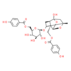 ChemSpider 2D Image | [(1R,2S,5R,6R,8S)-6-Hydroxy-3-{[6-O-(4-hydroxybenzoyl)-beta-D-glucopyranosyl]oxy}-8-methyl-9,10-dioxatetracyclo[4.3.1.0~2,5~.0~3,8~]dec-2-yl]methyl 4-hydroxybenzoate | C30H32O14