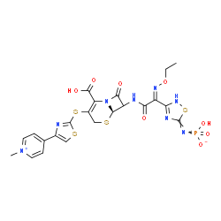 ChemSpider 2D Image | Hydrogen [(5Z)-3-[(1E)-2-{[(6R)-2-carboxy-3-{[4-(1-methyl-4-pyridiniumyl)-1,3-thiazol-2-yl]sulfanyl}-8-oxo-5-thia-1-azabicyclo[4.2.0]oct-2-en-7-yl]amino}-N-ethoxy-2-oxoethanimidoyl]-1,2,4-thiadiazol-5
(2H)-ylidene]phosphoramidate | C22H21N8O8PS4