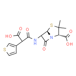 ChemSpider 2D Image | (2S,5R)-6-{[Carboxy(3-thienyl)acetyl]amino}-3,3-dimethyl-7-oxo-4-thia-1-azabicyclo[3.2.0]heptane-2-carboxylic acid | C15H16N2O6S2