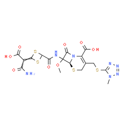 ChemSpider 2D Image | (6S)-7-({[4-(2-Amino-1-carboxy-2-oxoethylidene)-1,3-dithietan-2-yl]carbonyl}amino)-7-methoxy-3-{[(1-methyl-1H-tetrazol-5-yl)sulfanyl]methyl}-8-oxo-5-thia-1-azabicyclo[4.2.0]oct-2-ene-2-carboxylic acid | C17H17N7O8S4
