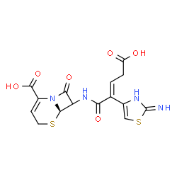 ChemSpider 2D Image | (6R)-7-{[(2E)-4-Carboxy-2-(2-imino-2,3-dihydro-1,3-thiazol-4-yl)-2-butenoyl]amino}-8-oxo-5-thia-1-azabicyclo[4.2.0]oct-2-ene-2-carboxylic acid | C15H14N4O6S2