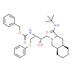 ChemSpider 2D Image | Benzyl [(2R,3S)-3-hydroxy-4-[(4aR,8aR)-3-[(2-methyl-2-propanyl)carbamoyl]octahydro-2(1H)-isoquinolinyl]-1-(phenylsulfanyl)-2-butanyl]carbamate | C32H45N3O4S