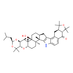 ChemSpider 2D Image | (3S,4aR,4bR,5aS,5bS,7aS,9aR,12aR,16bS,16cR,18aS,19aS)-5b-Hydroxy-3-isobutyl-1,1,10,10,12,12,16b,16c-octamethyl-1,4a,4b,6,7,7a,9,9a,10,12,12a,16,16b,16c,17,18,18a,19a-octadecahydro-5bH-[2]benzofuro[5,6
-e][1,3]dioxino[5'',4'':2',3']oxireno[4',4a']chromeno[5',6':6,7]indeno[1,2-b]indol-13(8H)-one | C42H57NO7