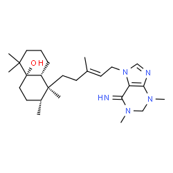ChemSpider 2D Image | (1S,2R,4aS,8aR)-1-{(3E)-5-[(6Z)-6-Imino-1,3-dimethyl-1,2,3,6-tetrahydro-7H-purin-7-yl]-3-methyl-3-penten-1-yl}-1,2,5,5-tetramethyloctahydro-4a(2H)-naphthalenol | C27H45N5O