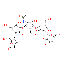 ChemSpider 2D Image | alpha-L-Galactopyranosyl-(1->3)-beta-D-galactopyranosyl-(1->4)-(2xi)-2-acetamido-2-deoxy-beta-D-arabino-hexopyranosyl-(1->3)-beta-D-galactopyranosyl-(1->4)-L-talose | C32H55NO26