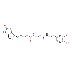 ChemSpider 2D Image | N-(2-{[3-(4-Hydroxy-3,5-diiodophenyl)propanoyl]amino}ethyl)-5-[(3aR,4R,6aS)-2-oxohexahydro-1H-thieno[3,4-d]imidazol-4-yl]pentanamide | C21H28I2N4O4S