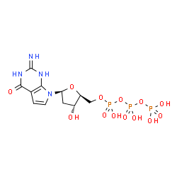 ChemSpider 2D Image | 7-[2-Deoxy-5-O-(hydroxy{[hydroxy(phosphonooxy)phosphoryl]oxy}phosphoryl)-beta-L-erythro-pentofuranosyl]-2-imino-1,2,3,7-tetrahydro-4H-pyrrolo[2,3-d]pyrimidin-4-one | C11H17N4O13P3