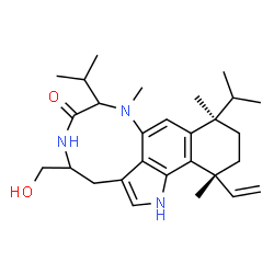 ChemSpider 2D Image | (10R,13R)-4-(Hydroxymethyl)-7,10-diisopropyl-8,10,13-trimethyl-13-vinyl-1,3,4,5,7,8,10,11,12,13-decahydro-6H-benzo[g][1,4]diazonino[7,6,5-cd]indol-6-one | C28H41N3O2