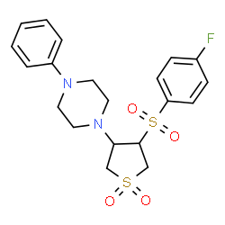 ChemSpider 2D Image | 1-{4-[(4-Fluorophenyl)sulfonyl]-1,1-dioxidotetrahydro-3-thiophenyl}-4-phenylpiperazine | C20H23FN2O4S2