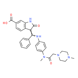 ChemSpider 2D Image | (3Z)-3-{[(4-{Methyl[(4-methyl-1-piperazinyl)acetyl]amino}phenyl)amino](phenyl)methylene}-2-oxo-6-indolinecarboxylic acid | C30H31N5O4