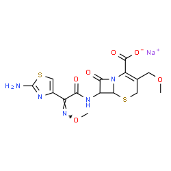 ChemSpider 2D Image | Sodium 7-{[(2Z)-2-(2-amino-1,3-thiazol-4-yl)-2-(methoxyimino)acetyl]amino}-3-(methoxymethyl)-8-oxo-5-thia-1-azabicyclo[4.2.0]oct-2-ene-2-carboxylate | C15H16N5NaO6S2
