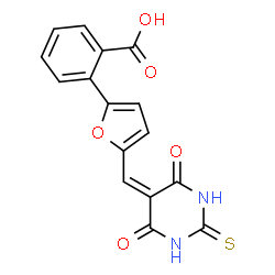 ChemSpider 2D Image | 2-{5-[(4,6-Dioxo-2-thioxotetrahydro-5(2H)-pyrimidinylidene)methyl]-2-furyl}benzoic acid | C16H10N2O5S