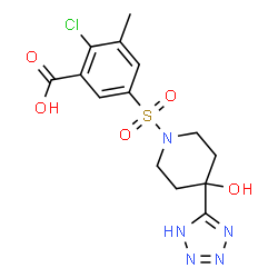 ChemSpider 2D Image | 2-Chloro-5-{[4-hydroxy-4-(1H-tetrazol-5-yl)-1-piperidinyl]sulfonyl}-3-methylbenzoic acid | C14H16ClN5O5S