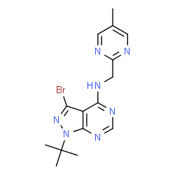 ChemSpider 2D Image | 3-Bromo-1-(2-methyl-2-propanyl)-N-[(5-methyl-2-pyrimidinyl)methyl]-1H-pyrazolo[3,4-d]pyrimidin-4-amine | C15H18BrN7