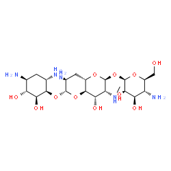 ChemSpider 2D Image | (2S,3R,4S,4aR,6S,7R,8aS)-7-Amino-6-{[(1R,2S,3R,4S,6S)-4,6-diamino-2,3-dihydroxycyclohexyl]oxy}-4-hydroxy-3-(methylamino)octahydropyrano[3,2-b]pyran-2-yl 4-amino-4-deoxy-beta-L-mannopyranoside | C21H41N5O11