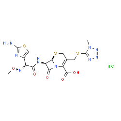 ChemSpider 2D Image | (6R,7R)-7-{[(2E)-2-(2-Amino-1,3-thiazol-4-yl)-2-(methoxyimino)acetyl]amino}-3-{[(1-methyl-1H-tetrazol-5-yl)sulfanyl]methyl}-8-oxo-5-thia-1-azabicyclo[4.2.0]oct-2-ene-2-carboxylic acid hydrochloride (1
:1) | C16H18ClN9O5S3