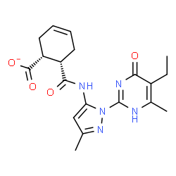 ChemSpider 2D Image | (1R,6S)-6-{[1-(5-Ethyl-6-methyl-4-oxo-1,4-dihydro-2-pyrimidinyl)-3-methyl-1H-pyrazol-5-yl]carbamoyl}-3-cyclohexene-1-carboxylate | C19H22N5O4
