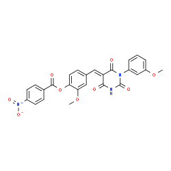 ChemSpider 2D Image | 2-Methoxy-4-{(E)-[1-(3-methoxyphenyl)-2,4,6-trioxotetrahydro-5(2H)-pyrimidinylidene]methyl}phenyl 4-nitrobenzoate | C26H19N3O9