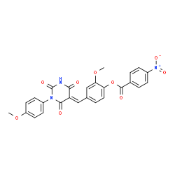 ChemSpider 2D Image | 2-Methoxy-4-{(E)-[1-(4-methoxyphenyl)-2,4,6-trioxotetrahydro-5(2H)-pyrimidinylidene]methyl}phenyl 4-nitrobenzoate | C26H19N3O9
