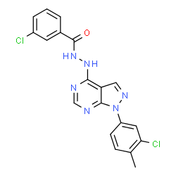 ChemSpider 2D Image | 3-Chloro-N'-[1-(3-chloro-4-methylphenyl)-1H-pyrazolo[3,4-d]pyrimidin-4-yl]benzohydrazide | C19H14Cl2N6O