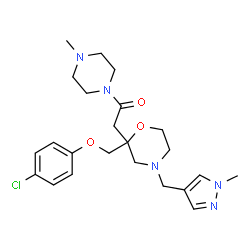 ChemSpider 2D Image | 2-{2-[(4-Chlorophenoxy)methyl]-4-[(1-methyl-1H-pyrazol-4-yl)methyl]-2-morpholinyl}-1-(4-methyl-1-piperazinyl)ethanone | C23H32ClN5O3