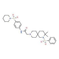 ChemSpider 2D Image | 2-[3,3-Dimethyl-2-(phenylsulfonyl)-2,9-diazaspiro[5.5]undec-9-yl]-N-[4-(1-piperidinylsulfonyl)phenyl]acetamide | C30H42N4O5S2