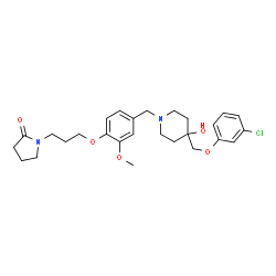 ChemSpider 2D Image | 1-{3-[4-({4-[(3-Chlorophenoxy)methyl]-4-hydroxy-1-piperidinyl}methyl)-2-methoxyphenoxy]propyl}-2-pyrrolidinone | C27H35ClN2O5