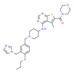 ChemSpider 2D Image | [4-({1-[3-(1H-Imidazol-1-ylmethyl)-4-propoxybenzyl]-4-piperidinyl}amino)-5-methylthieno[2,3-d]pyrimidin-6-yl](4-morpholinyl)methanone | C31H39N7O3S
