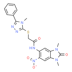 ChemSpider 2D Image | N-(1,3-Dimethyl-6-nitro-2-oxo-2,3-dihydro-1H-benzimidazol-5-yl)-2-[(4-methyl-5-phenyl-4H-1,2,4-triazol-3-yl)sulfanyl]acetamide | C20H19N7O4S