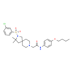 ChemSpider 2D Image | N-(4-Butoxyphenyl)-2-{2-[(3-chlorophenyl)sulfonyl]-3,3-dimethyl-2,8-diazaspiro[4.5]dec-8-yl}acetamide | C28H38ClN3O4S