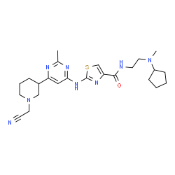 ChemSpider 2D Image | 2-({6-[1-(Cyanomethyl)-3-piperidinyl]-2-methyl-4-pyrimidinyl}amino)-N-{2-[cyclopentyl(methyl)amino]ethyl}-1,3-thiazole-4-carboxamide | C24H34N8OS